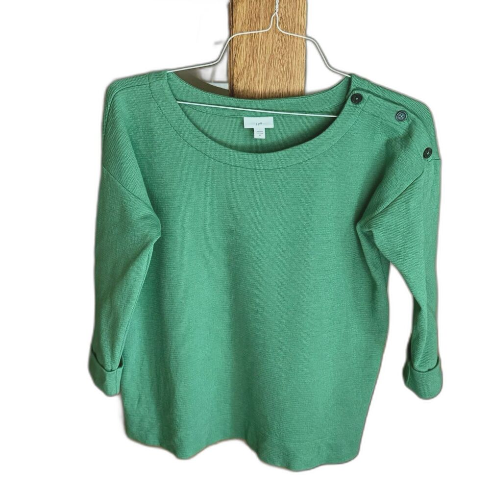 J Jill Green Ribbed Knit Top Women's M Boat Neck 3/4 Sleeve Shoulder Button Chic